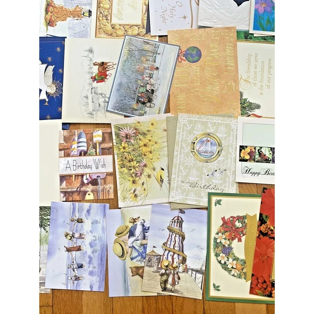(Unused) Vintage Holiday Greeting Card 50+, Birthday Christmas Hallmark Cottage